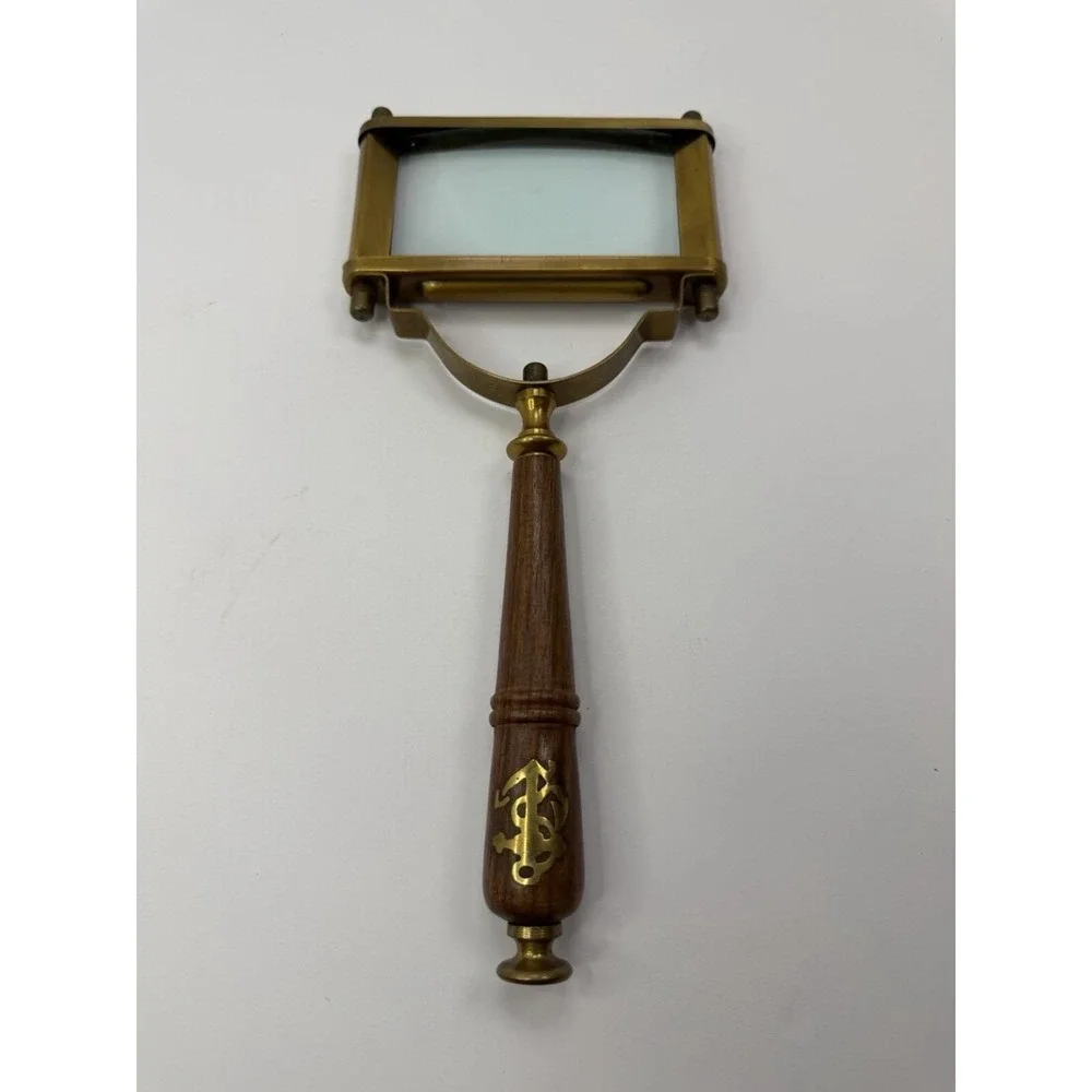 Brass Rectangular Magnifier with Wooden Handle & Nautical Brass Inlay